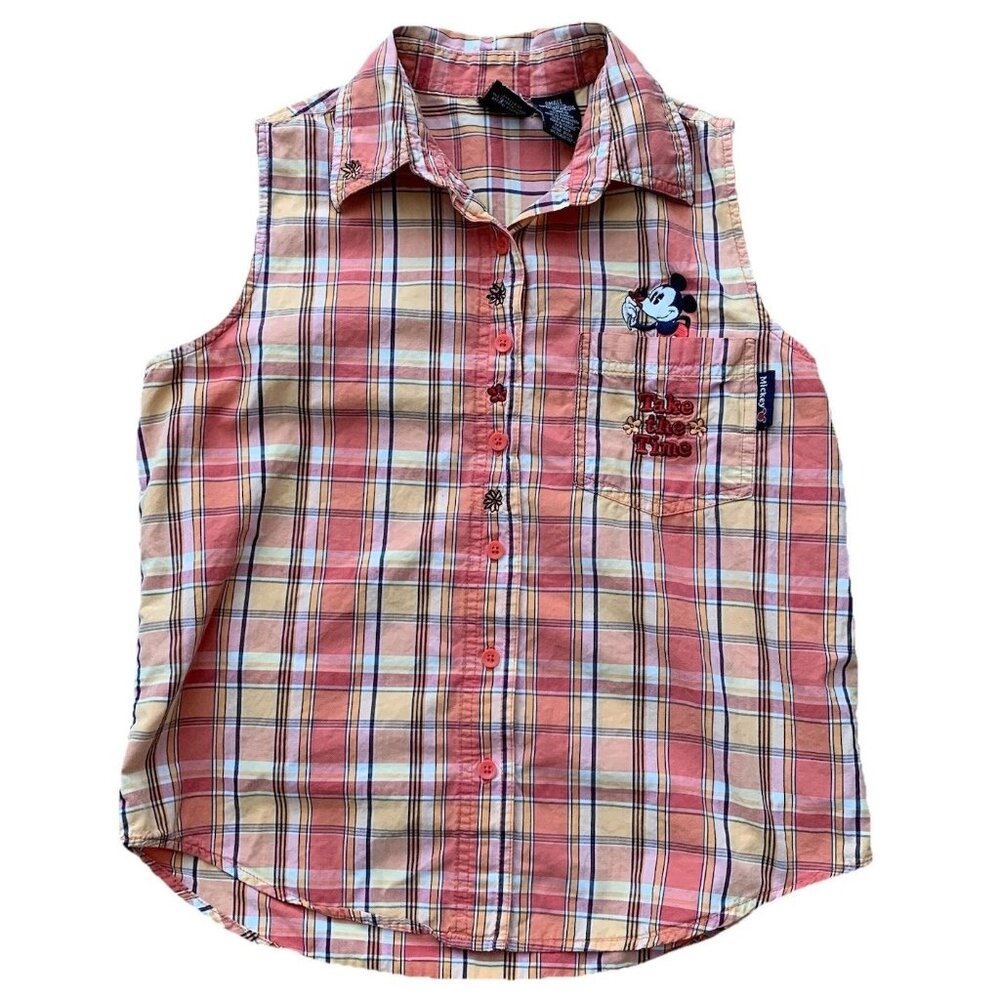 Disney Unlimited Sleeveless Button Shirt Women Small Orange Plaid Take The Time